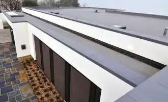 A modern flat roofing system with dark metal coping on a white structure, including skylights and rooftop vents.