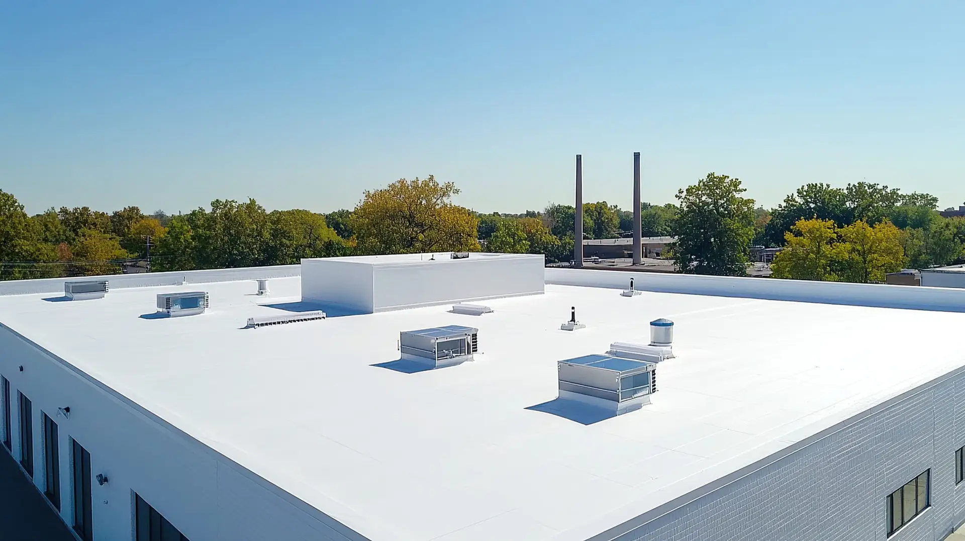 Aerial view of a white TPO flat roof on a commercial building with rooftop HVAC units