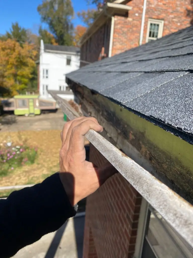 Hand pulling a gutter away from the roof edge to inspect water-damaged fascia beneath asphalt shingles.