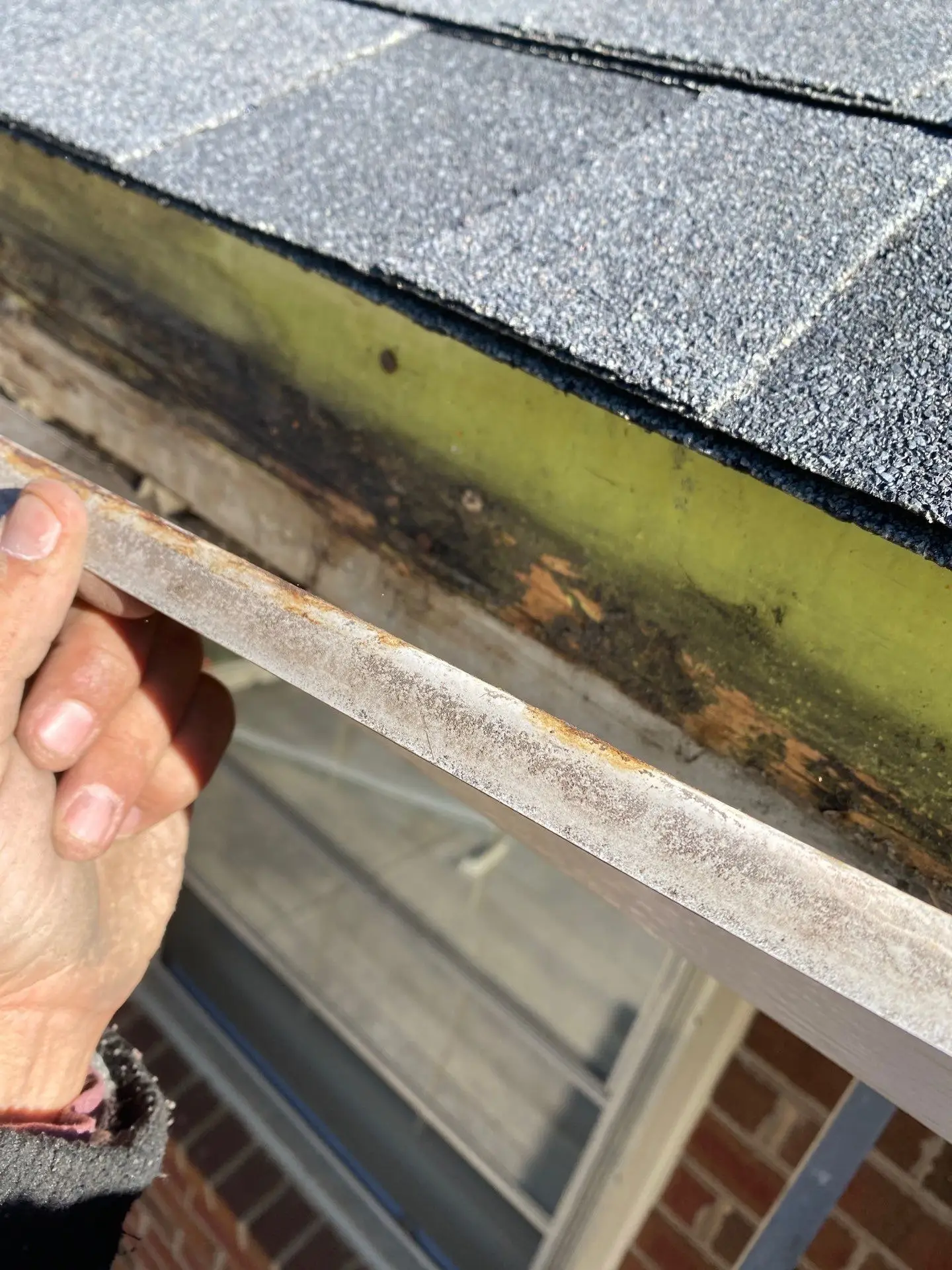 Water-damaged fascia and rotted wood exposed beneath the shingle edge