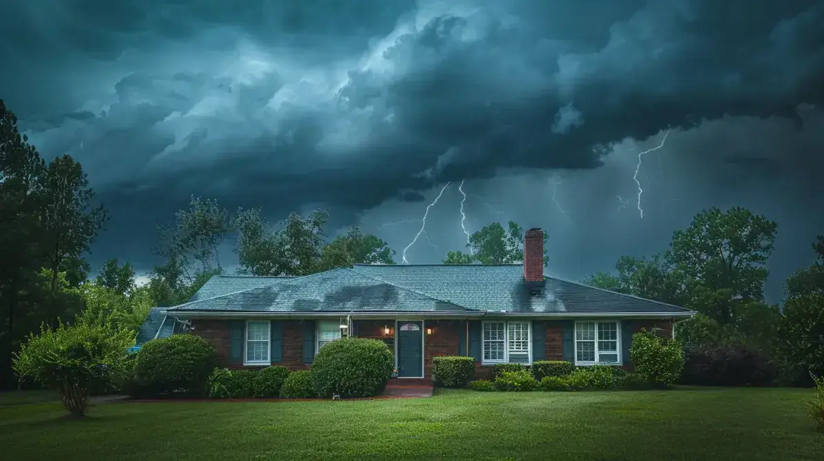 Brick home with white trim and well-kept lawn beneath dramatic dark clouds and visible lightning strikes during an intense thunderstorm.