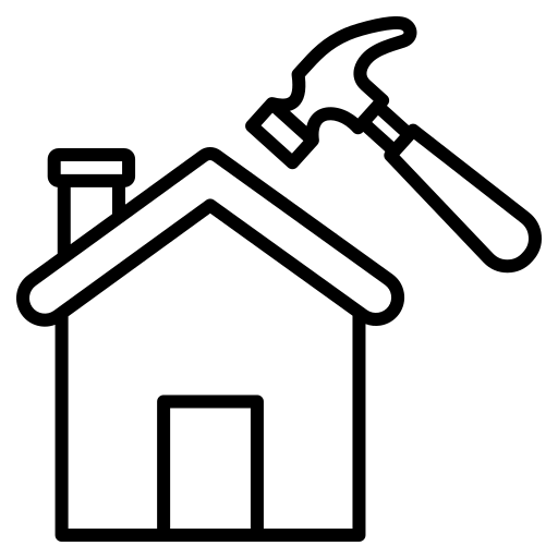 Solid black silhouette icon of a hammer angled diagonally with the handle pointing downward to the left.