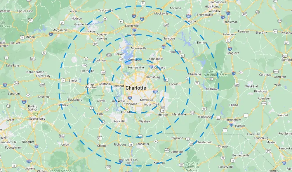 Map highlighting Charlotte, North Carolina with a large dashed blue circular radius extending outward to cities like Hickory, Statesville, Salisbury, Rock Hill, and Spartanburg.