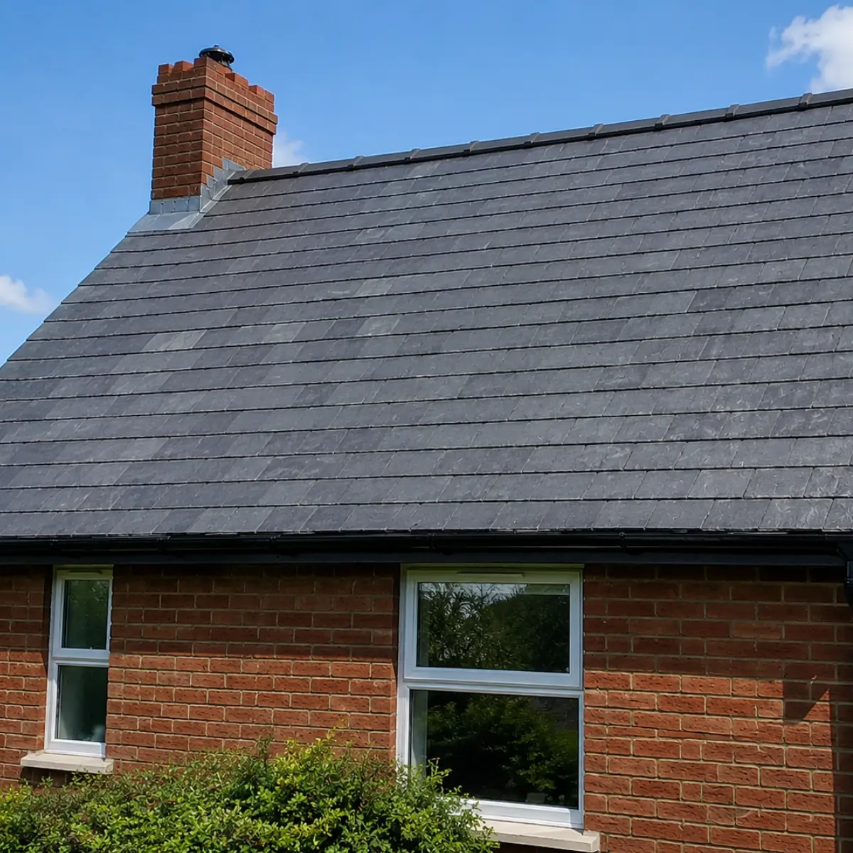 Gray slate roof on a single-story house with a chimney and white-framed windows