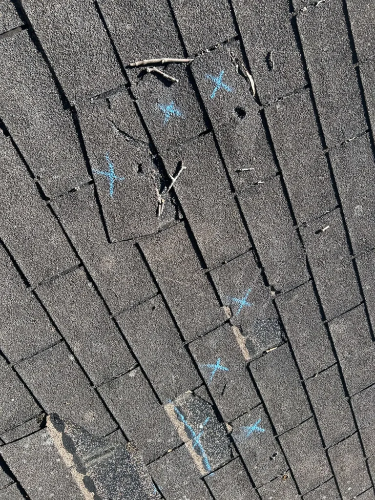 Chalk-marked hail hits on asphalt shingles during a storm damage inspection