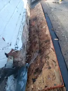 Rotted fascia and decking exposed behind the gutter line
