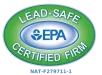Oval green and blue badge displaying the EPA logo with text reading “Lead-Safe Certified Firm” and certification number NAT-F279711-1.