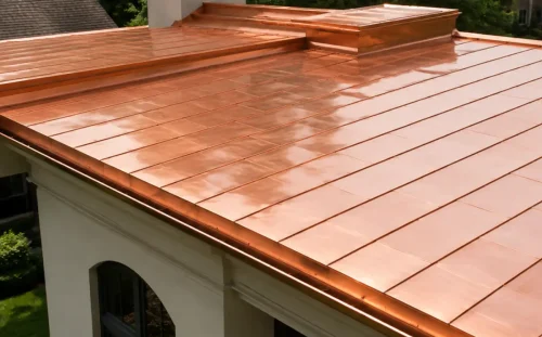 A residential roof with flat seam copper panel roof